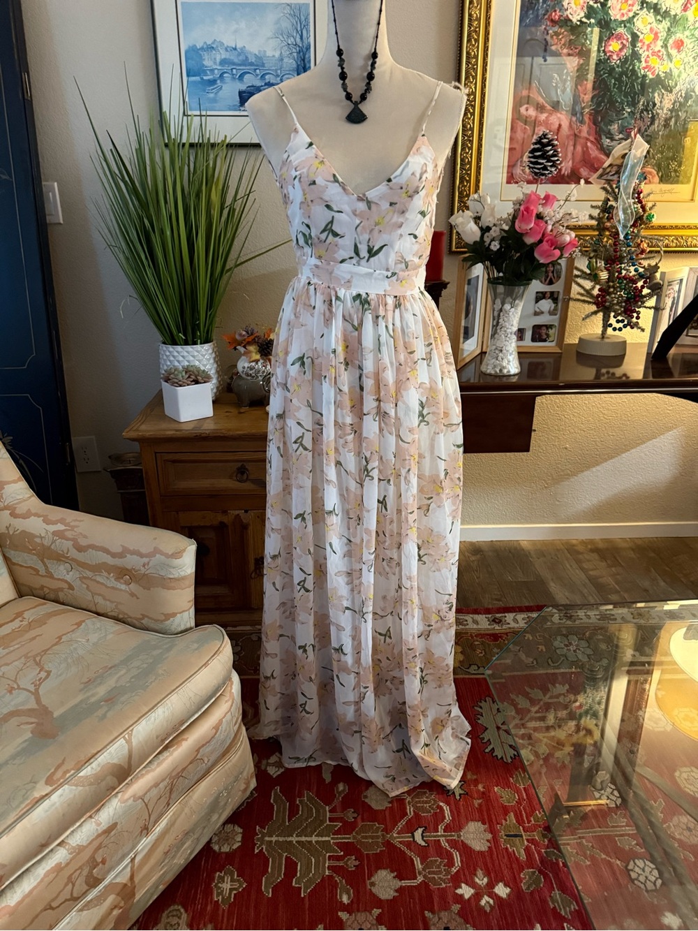 Papaya Light Pink Floral Spaghetti-Strap Maxi Dress
